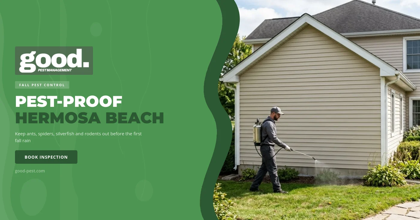 A pest control technician inspects the screened crawlspace vent of an older beach cottage in Hermosa Beach on a cool, overcast fall morning.